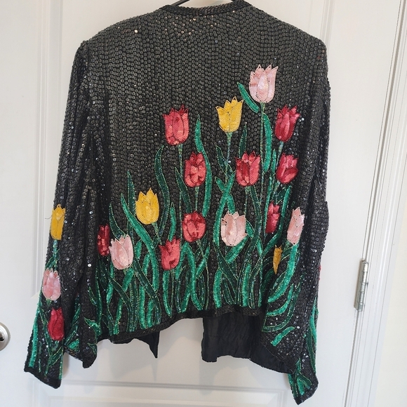 NWT JUDITH ANN PLUS Tulips Black Sequin Beaded Silk Jacket Blazer Women's 3X New - Picture 2 of 12